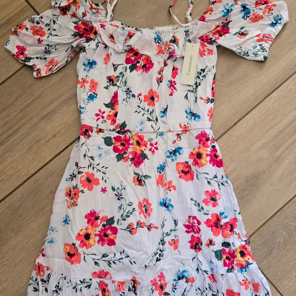 3 Items For $15! Floral Off The Shoulder Womens Dress with Pink and Blue Accents